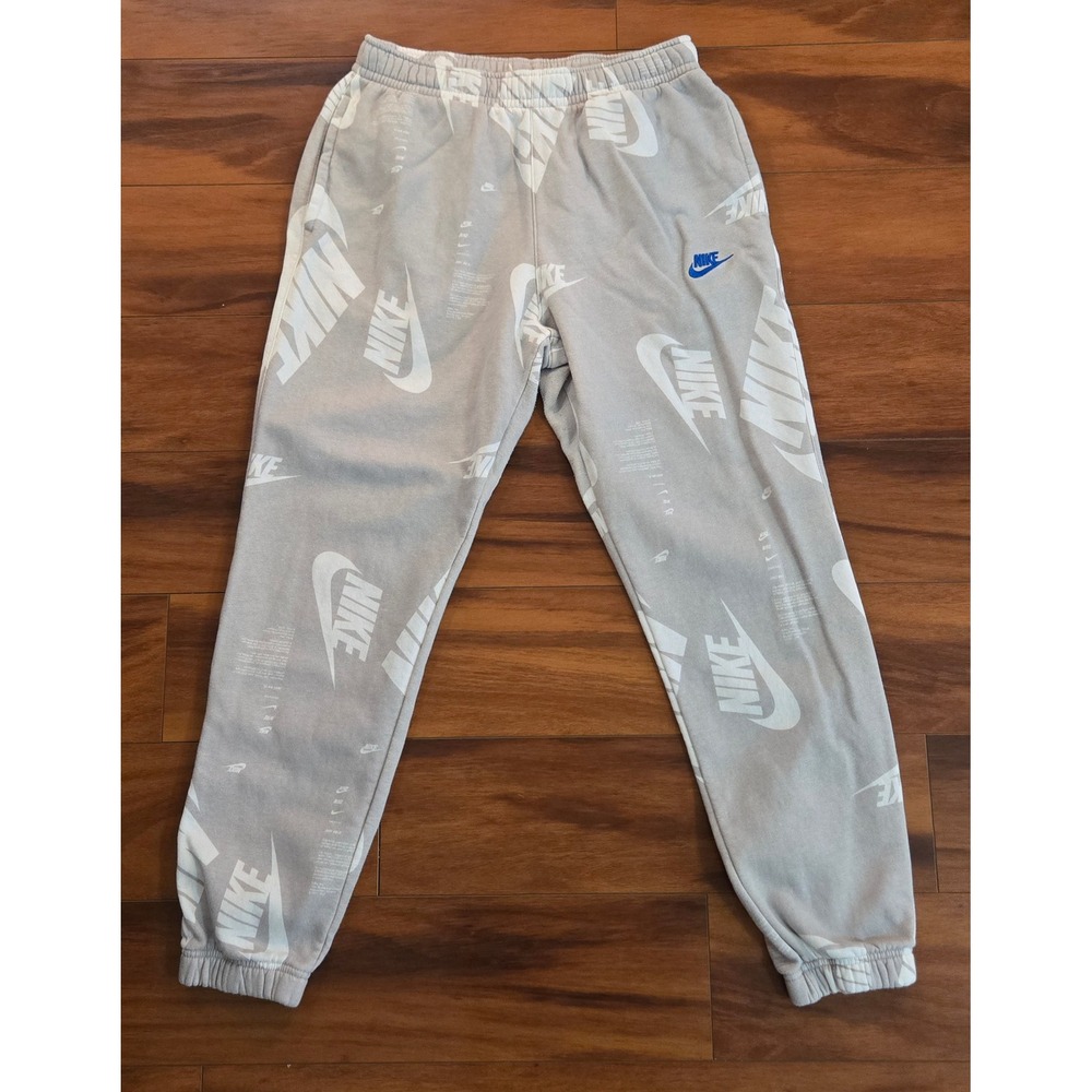 Nike Mens Sportswear Fleece Joggers Grey All Over Print Logo Sweatpants Medium